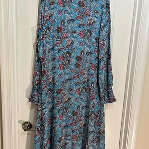 LOFT Long Sleeve Dress in Blue with Pink Floral Pattern